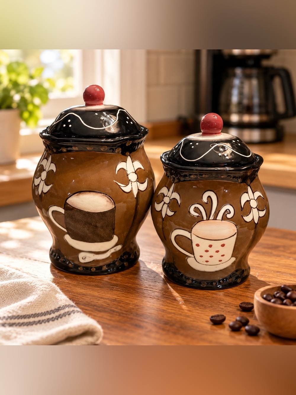 Casa Vero Coffee Canisters Set of 2 Brown Ceramic Kitchen Jars With Lids